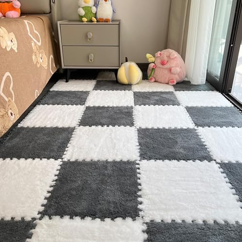 Xiyocadt 10 Stück Puzzleteppich Flauschig, 30x30 cm Puzzle Teppich Matte, Anti-Rutsch Schaumstoff-Bodenmatten für Schlafzimmer, Wohnzimmer (Weiß+Grau,30x30x0.6 cm) von Xiyocadt