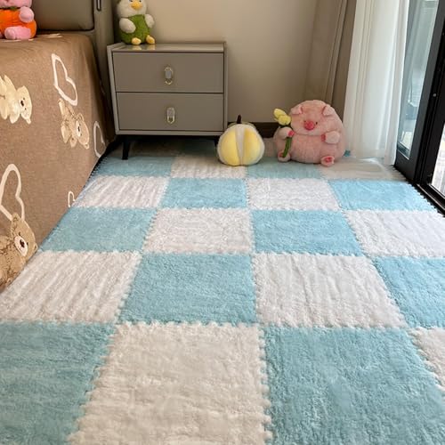 Xiyocadt 10 Stück Puzzleteppich Flauschig, 30x30 cm Puzzle Teppich Matte, Anti-Rutsch Schaumstoff-Bodenmatten für Schlafzimmer, Wohnzimmer (Weiß+Hellblau,30x30x1 cm) von Xiyocadt