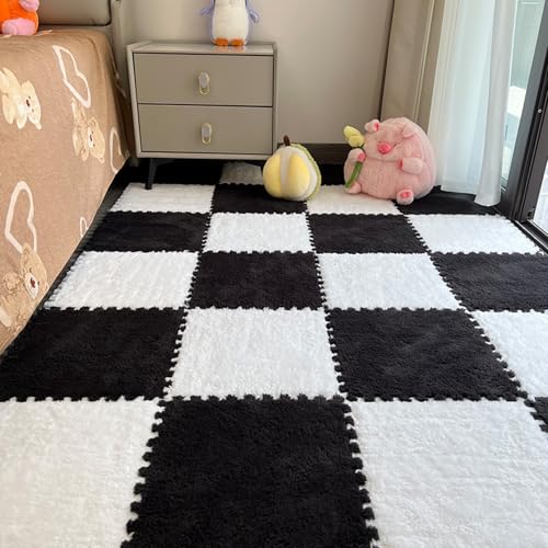 Xiyocadt 10 Stück Puzzleteppich Flauschig, 30x30 cm Puzzle Teppich Matte, Anti-Rutsch Schaumstoff-Bodenmatten für Schlafzimmer, Wohnzimmer (Weiß+Schwarz,30x30x0.6 cm) von Xiyocadt
