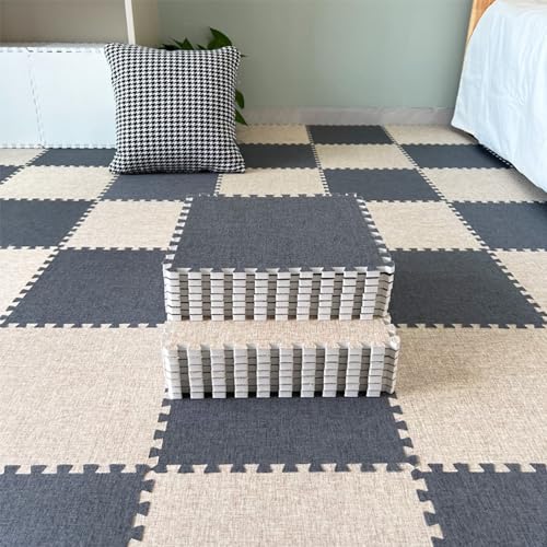 Xiyocadt 12 Stück Puzzleteppich, 30x30 cm Puzzle Teppich Matte, Leinen-Baumwolle Anti-Rutsch Schaumstoff-Bodenmatten für Schlafzimmer, Wohnzimmer (Aprikose + Dunkelgrau) von Xiyocadt