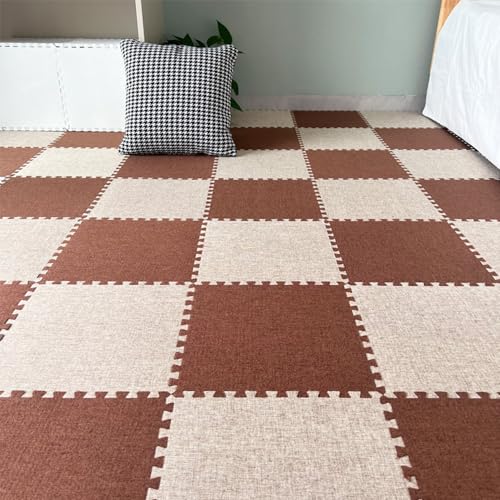 Xiyocadt 12 Stück Puzzleteppich, 30x30 cm Puzzle Teppich Matte, Leinen-Baumwolle Anti-Rutsch Schaumstoff-Bodenmatten für Schlafzimmer, Wohnzimmer (Aprikose + Kaffee) von Xiyocadt