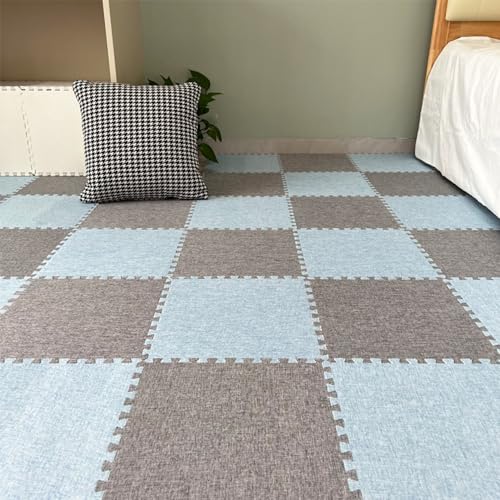 Xiyocadt 12 Stück Puzzleteppich, 30x30 cm Puzzle Teppich Matte, Leinen-Baumwolle Anti-Rutsch Schaumstoff-Bodenmatten für Schlafzimmer, Wohnzimmer (Grau + Hellblau) von Xiyocadt