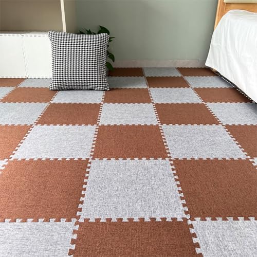 Xiyocadt 12 Stück Puzzleteppich, 30x30 cm Puzzle Teppich Matte, Leinen-Baumwolle Anti-Rutsch Schaumstoff-Bodenmatten für Schlafzimmer, Wohnzimmer (Grau + Kaffee) von Xiyocadt
