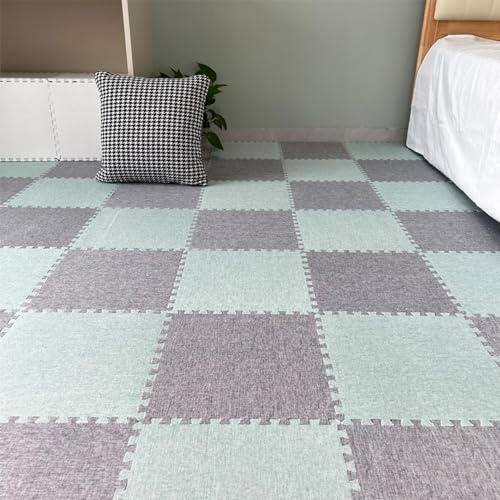 Xiyocadt 12 Stück Puzzleteppich, 30x30 cm Puzzle Teppich Matte, Leinen-Baumwolle Anti-Rutsch Schaumstoff-Bodenmatten für Schlafzimmer, Wohnzimmer (Grau + Mintgrün) von Xiyocadt