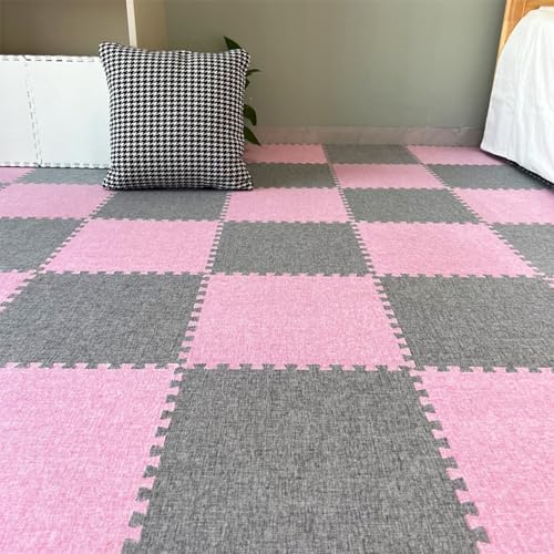 Xiyocadt 12 Stück Puzzleteppich, 30x30 cm Puzzle Teppich Matte, Leinen-Baumwolle Anti-Rutsch Schaumstoff-Bodenmatten für Schlafzimmer, Wohnzimmer (Grau + Rosa) von Xiyocadt
