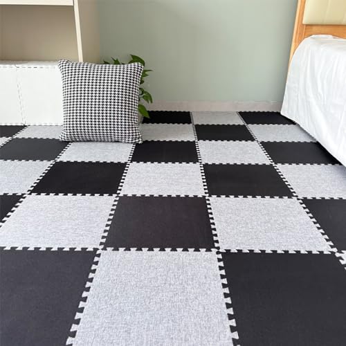 Xiyocadt 12 Stück Puzzleteppich, 30x30 cm Puzzle Teppich Matte, Leinen-Baumwolle Anti-Rutsch Schaumstoff-Bodenmatten für Schlafzimmer, Wohnzimmer (Grau + Schwarz) von Xiyocadt