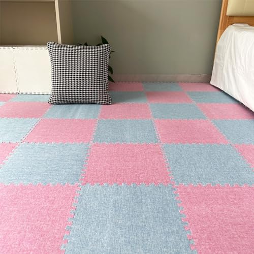 Xiyocadt 12 Stück Puzzleteppich, 30x30 cm Puzzle Teppich Matte, Leinen-Baumwolle Anti-Rutsch Schaumstoff-Bodenmatten für Schlafzimmer, Wohnzimmer (Rosa + Hellblau) von Xiyocadt