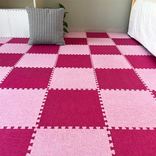 Xiyocadt 12 Stück Puzzleteppich, 30x30 cm Puzzle Teppich Matte, Leinen-Baumwolle Anti-Rutsch Schaumstoff-Bodenmatten für Schlafzimmer, Wohnzimmer (Rosa + Rosenrot) von Xiyocadt