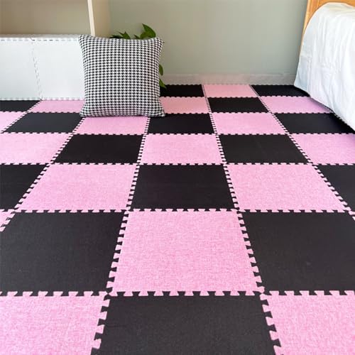 Xiyocadt 12 Stück Puzzleteppich, 30x30 cm Puzzle Teppich Matte, Leinen-Baumwolle Anti-Rutsch Schaumstoff-Bodenmatten für Schlafzimmer, Wohnzimmer (Rosa + Schwarz) von Xiyocadt