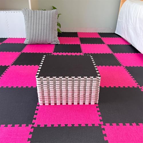 Xiyocadt 12 Stück Puzzleteppich, 30x30 cm Puzzle Teppich Matte, Leinen-Baumwolle Anti-Rutsch Schaumstoff-Bodenmatten für Schlafzimmer, Wohnzimmer (Rosenrot + Schwarz) von Xiyocadt