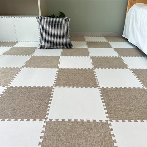 Xiyocadt 12 Stück Puzzleteppich, 30x30 cm Puzzle Teppich Matte, Leinen-Baumwolle Anti-Rutsch Schaumstoff-Bodenmatten für Schlafzimmer, Wohnzimmer (Weiß + Aprikose) von Xiyocadt