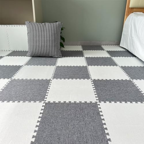 Xiyocadt 12 Stück Puzzleteppich, 30x30 cm Puzzle Teppich Matte, Leinen-Baumwolle Anti-Rutsch Schaumstoff-Bodenmatten für Schlafzimmer, Wohnzimmer (Weiß + Grau) von Xiyocadt