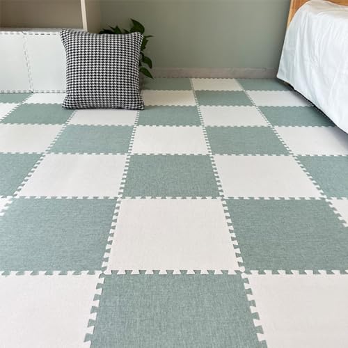 Xiyocadt 12 Stück Puzzleteppich, 30x30 cm Puzzle Teppich Matte, Leinen-Baumwolle Anti-Rutsch Schaumstoff-Bodenmatten für Schlafzimmer, Wohnzimmer (Weiß + Mintgrün) von Xiyocadt