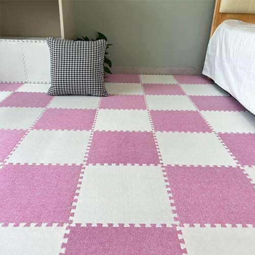 Xiyocadt 12 Stück Puzzleteppich, 30x30 cm Puzzle Teppich Matte, Leinen-Baumwolle Anti-Rutsch Schaumstoff-Bodenmatten für Schlafzimmer, Wohnzimmer (Weiß + Rosa) von Xiyocadt