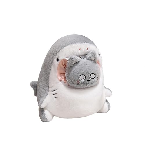 Xiyocadt 30 cm mit 40 cm, Plüschtier, 2 in 1 Hai Plüschkissen abnehmbar, super weich gestopft, Plüschpuppe, Spielzeuggeschenk für Baby Mädchen und Jungen (grau) (40cm,Hai Katze) von Xiyocadt