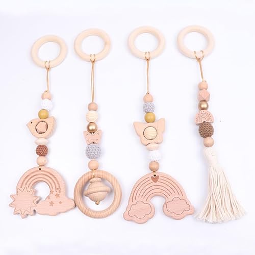 Xiyocadt 4 Stück Spielbogen Baby Spielzeug ab 0 Monate, Holz Spielbogen,Babyschale Anhänger Holz,für Autositze, Kinderwagen und Autositzspielzeug (30cm) von Xiyocadt