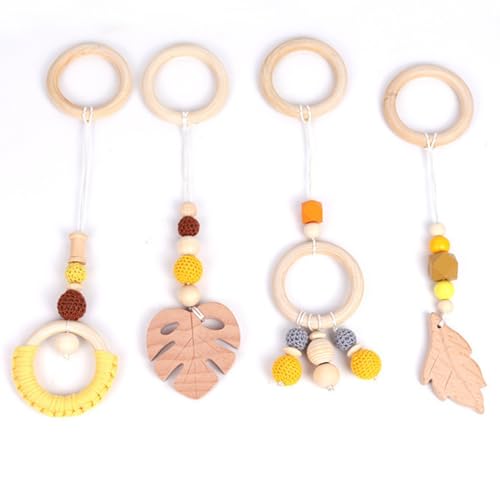 Xiyocadt 4 Stück Spielbogen Baby Spielzeug ab 0 Monate,Anhänger Spielbogen, Anhänger für Spielbogen,Baby Gym Anhänger, Spielbogen Anhänger Holz für Mädchen Jungen, Grau (28cm,Gelb) von Xiyocadt