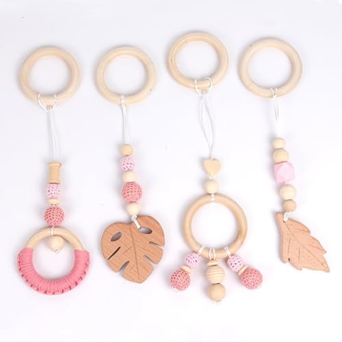 Xiyocadt 4 Stück Spielbogen Baby Spielzeug ab 0 Monate,Anhänger Spielbogen, Anhänger für Spielbogen,Baby Gym Anhänger, Spielbogen Anhänger Holz für Mädchen Jungen, Grau (28cm,Rosa) von Xiyocadt