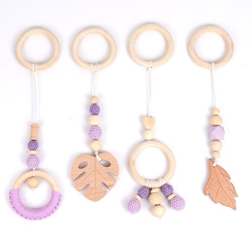 Xiyocadt 4 Stück Spielbogen Baby Spielzeug ab 0 Monate,Anhänger Spielbogen, Anhänger für Spielbogen,Baby Gym Anhänger, Spielbogen Anhänger Holz für Mädchen Jungen, Grau (28cm,Violett) von Xiyocadt