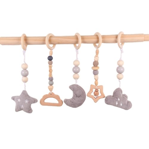 Xiyocadt Baby Spielbogen Holz, 5 Stücke Spielbögen Baby Gym Anhänger, Holz Spielbogen, Holzspielzeug zur Gehirnentwicklung (27cm,Grau) von Xiyocadt