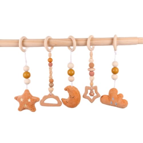 Xiyocadt Baby Spielbogen Holz, 5 Stücke Spielbögen Baby Gym Anhänger, Holz Spielbogen, Holzspielzeug zur Gehirnentwicklung (27cm,Kaki) von Xiyocadt