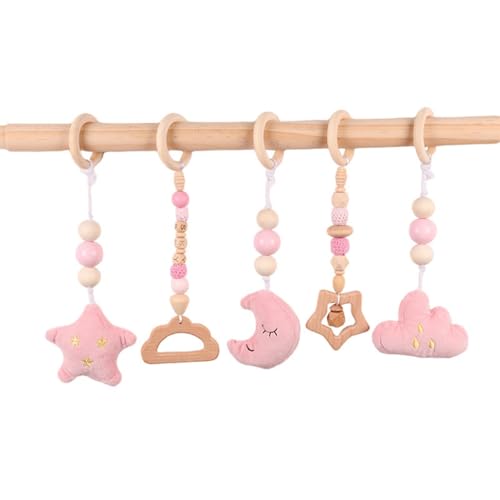 Xiyocadt Baby Spielbogen Holz, 5 Stücke Spielbögen Baby Gym Anhänger, Holz Spielbogen, Holzspielzeug zur Gehirnentwicklung (27cm,Rosa) von Xiyocadt