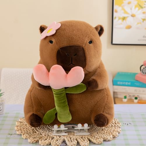 Xiyocadt Capybara Kuscheltier mit Haube, Plushie Capibara Plüschtier, Kapibara Plüschkissen Spielzeug, Weich Stofftier Kissen Geschenk für Mädchen Jungen Kinder (23CM,Blume) von Xiyocadt