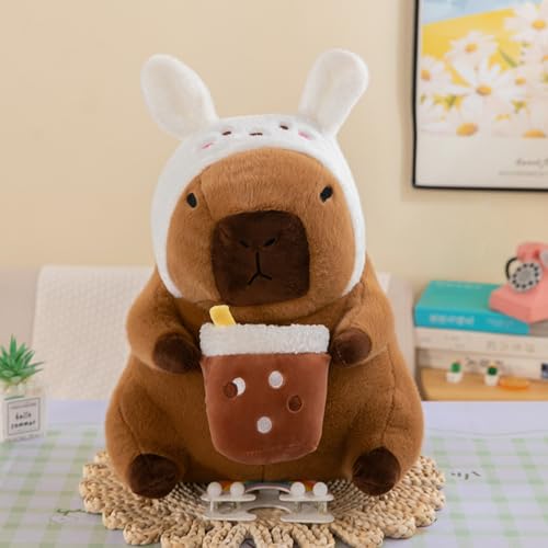 Xiyocadt Capybara Kuscheltier mit Haube, Plushie Capibara Plüschtier, Kapibara Plüschkissen Spielzeug, Weich Stofftier Kissen Geschenk für Mädchen Jungen Kinder (30CM,Milchtee weiß) von Xiyocadt