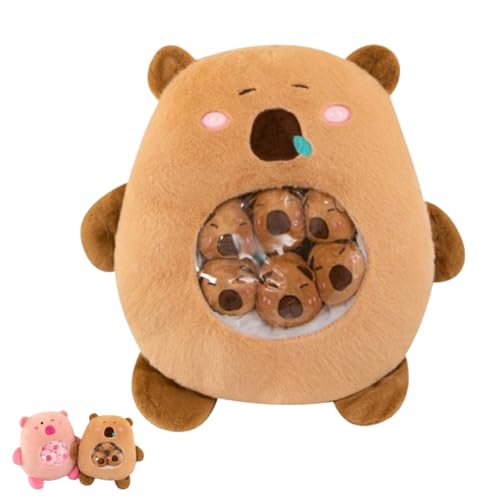 Xiyocadt Capybara Plüsch mit Niedlichen Babies, Tasche mit Tier Snack Kissen, lustige Capybara-Snacktasche, Nickerchenkissen in Tierform, für Home Deko Kinder Geschenke (30cm,Braun) von Xiyocadt