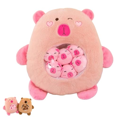 Xiyocadt Capybara Plüsch mit Niedlichen Babies, Tasche mit Tier Snack Kissen, lustige Capybara-Snacktasche, Nickerchenkissen in Tierform, für Home Deko Kinder Geschenke (50cm,Rosa) von Xiyocadt