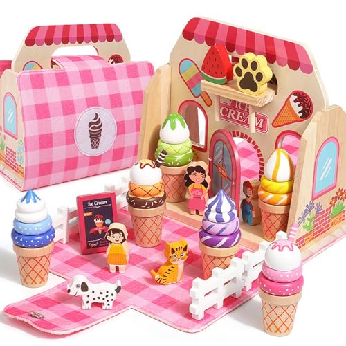Xiyocadt Holzspielzeug ab 1 Jahr, Kaufladen Zubehör Holz, Puppengeschirr, Rollenspiele, Geschenk für Kleinkinder, Jungen und Mädchen (Eiscreme) von Xiyocadt