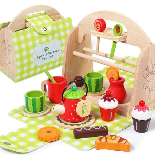 Xiyocadt Holzspielzeug ab 1 Jahr, Kaufladen Zubehör Holz, Puppengeschirr, Rollenspiele, Geschenk für Kleinkinder, Jungen und Mädchen (Nachmittagstee) von Xiyocadt