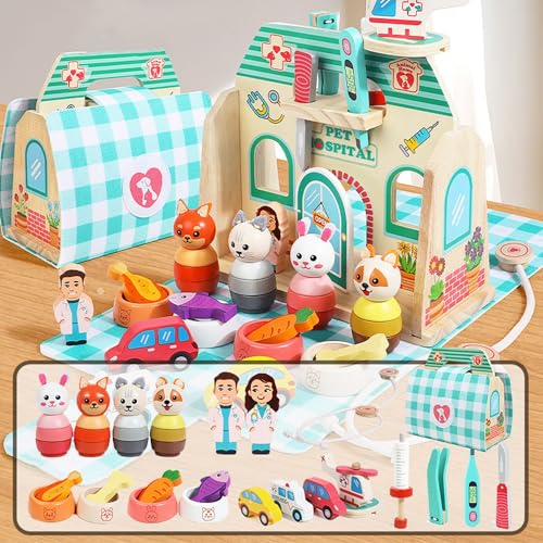 Xiyocadt Holzspielzeug ab 1 Jahr, Kaufladen Zubehör Holz, Puppengeschirr, Rollenspiele, Geschenk für Kleinkinder, Jungen und Mädchen (Tierklinik) von Xiyocadt