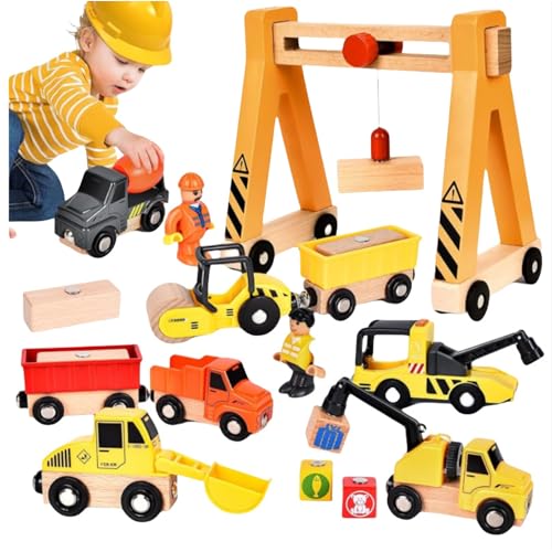 Xiyocadt Kran Spielzeug, Holzspielzeug ab 2 Jahre, Baukästen aus Holz mit Portalkran, Kranwagen, Bagger Spielzeug, Abschleppfahrzeug (Set 2) von Xiyocadt