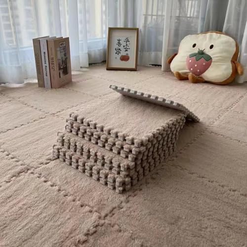 Xiyocadt Puzzleteppich Flauschig, Puzzle Teppich Matte, Anti-Rutsch Schaumstoff-Bodenmatten für Schlafzimmer, Wohnzimmer (Khaki,12 Stück) von Xiyocadt