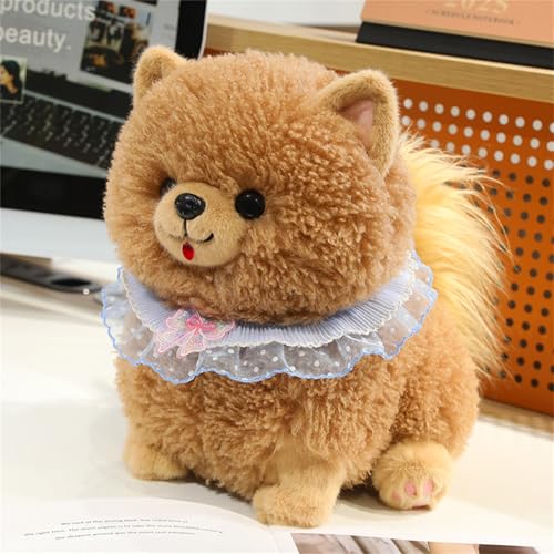 Xiyocadt Simulation Pomeranian Plüschtier,Pomeranian Kuscheltier,Hund Lebensecht,Hunde Kuscheltier Für Kinder,Weiche Kuschelige Stofftier Puppe Mit Schleife Schal Für Kinder Mädchen (42cm,Braun) von Xiyocadt