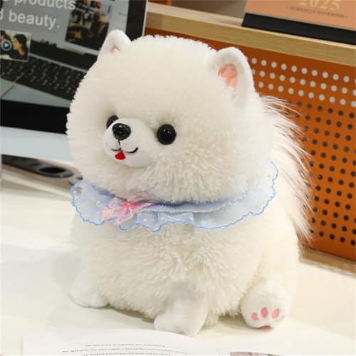 Xiyocadt Simulation Pomeranian Plüschtier,Pomeranian Kuscheltier,Hund Lebensecht,Hunde Kuscheltier Für Kinder,Weiche Kuschelige Stofftier Puppe Mit Schleife Schal Für Kinder Mädchen (42cm,Weiß) von Xiyocadt