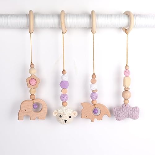 Xiyocadt Spielbogen Baby Spielzeug ab 0 Monate,4 Stück Spielebogen Babies Toys Spielbögen Gym Anhänger Holz, Gymnastik Aktivspielzeug Active, Holzspielzeug zur Gehirnentwicklung (28cm,Violett) von Xiyocadt