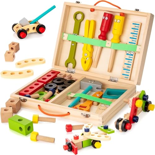 Xiyocadt Werkzeugkoffer Kinder Holz, 34 Stück Werkzeug Kinder Holzspielzeug, Kinderspielzeug ab 3 Jahre für Junge Mädchen von Xiyocadt