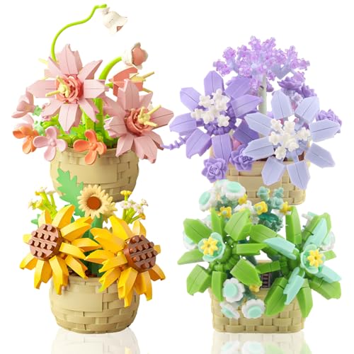 Xmart 4 stück Klemmbausteine Blumen Bausteine Blumen Sukkulenten Bonsai Baustein Set Blumenkorb Spielzeug Botanik Kollektion Room Decor Heimdekoration Geschenk für Frauen und Männer von Xmart