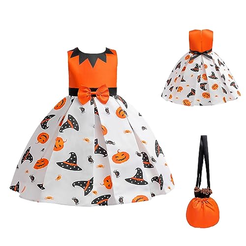 Xmiral Halloween-Kostüm für Kleinkinder, Mädchen, Kürbismuster, Cosplay, Partykleid, inklusive Haar-Accessoire, Tragetasche, 1 bis 8 Jahre Label Set (Orange, 6-7 Years) von Xmiral