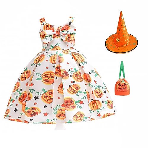 Xmiral Kürbis-Cartoon-Druck Mädchen Halloween-Partykleid mit Hut und Tasche 3-teiliges Set Halloween-Kostüm Prinzessin Kleid Party Baby Kleidung Mädchen 1 Jahr (White, 12-24 Months) von Xmiral