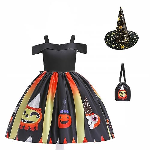 Xmiral Mädchen Halloween Partykleid Kürbis Cartoon Print Halloween Kostüm Prinzessin Kleid Party mit Hut und Tasche 3-teiliges Set Halloween Kostüm Kinder 86 (Black, 12-24 Months) von Xmiral
