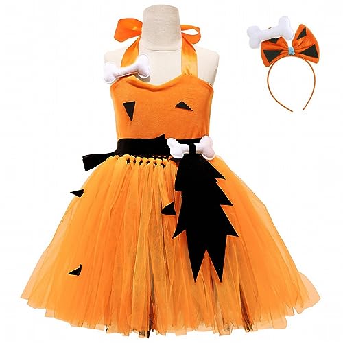 Xmiral Mädchen Höhlenmensch spielt Kleid Performance Kostüm mit Kopfschmuck Halloween Kostüm Prinzessin Kleid Party Baby 2 (Orange, 6-8 Years) von Xmiral