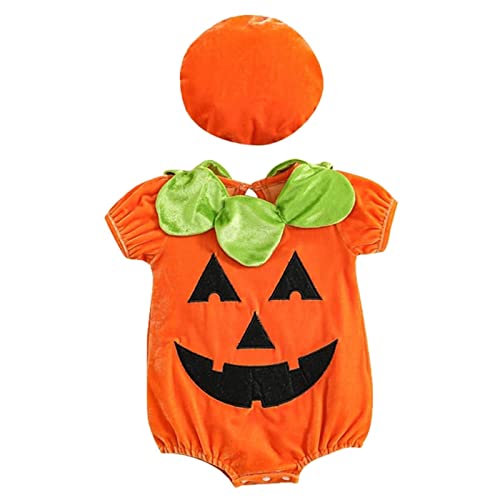 Xmiral Neugeborenes Baby Jungen Mädchen Kleidung Kurzarm Kürbis Strampler Tops mit Hut Halloween Outfits Kostüme Cosplay Set Hut Kinder Jungen (Orange, 12-18 Months) von Xmiral