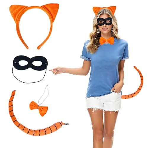 Xnetsby 4-teiliges Katzenkostüm-Zubehör-Set, orangefarbenes Katzenohren-Haarband, schwarze Maske, Fliege und gestreifter Schwanz, Orange/Abendrot im Zickzackmuster (Sunset Chevron), L von Xnetsby