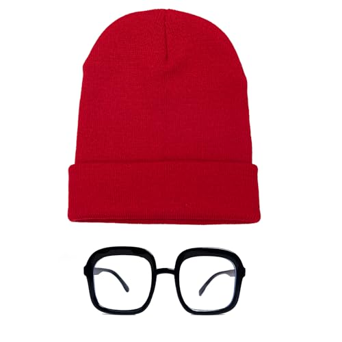 Xnetsby Rote Strickmütze, Wintermütze mit schwarzer, übergroßer quadratischer Brille, Kostüm-Set, Rot/Ausflug, einfarbig (Getaway Solids), Eine Größe passt meistens von Xnetsby