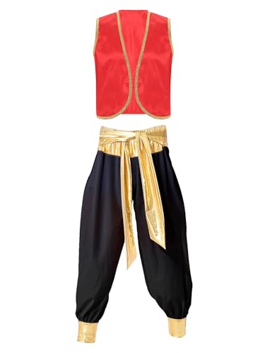 Xnihocha 2 Stück Herren Arabischer Prinz Kostüm Set ärmellos Weste Tops mit Pumphose Cosplay Halloween Mottoparty Faschingskostüme Burgundy&Schwarz XXL von Xnihocha