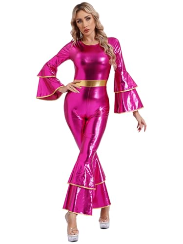 Xnihocha 60er 70er Jahre Hippie Kostüm Damen Metallic Jumpsuit Lang Overall Einteiler Hosenznaug Disco Rave Outfit Hot Pink XXL Xnihocha 60er 70er Jahre Hippie Kostüm Damen Metallic Jumpsuit Lang Overall Einteiler Hosenznaug Disco Rave Outfit Hot Pink XXL von Xnihocha
