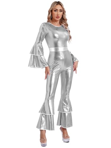 Xnihocha 60er 70er Jahre Hippie Kostüm Damen Metallic Jumpsuit Lang Overall Einteiler Hosenznaug Disco Rave Outfit Silber M Xnihocha 60er 70er Jahre Hippie Kostüm Damen Metallic Jumpsuit Lang Overall Einteiler Hosenznaug Disco Rave Outfit Silber M von Xnihocha